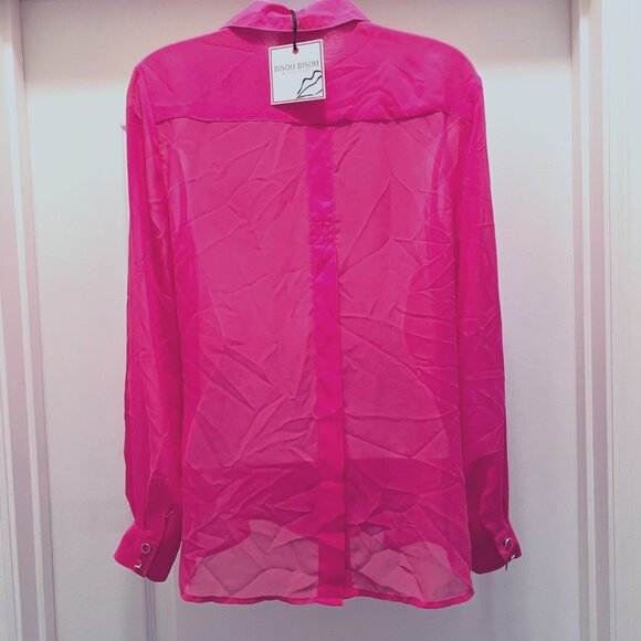 Bisou Bisou-NWT- Women's Long Sleeve Hot Pink Button Up Blouse-XS-Slit Up Back - Picture 8 of 16